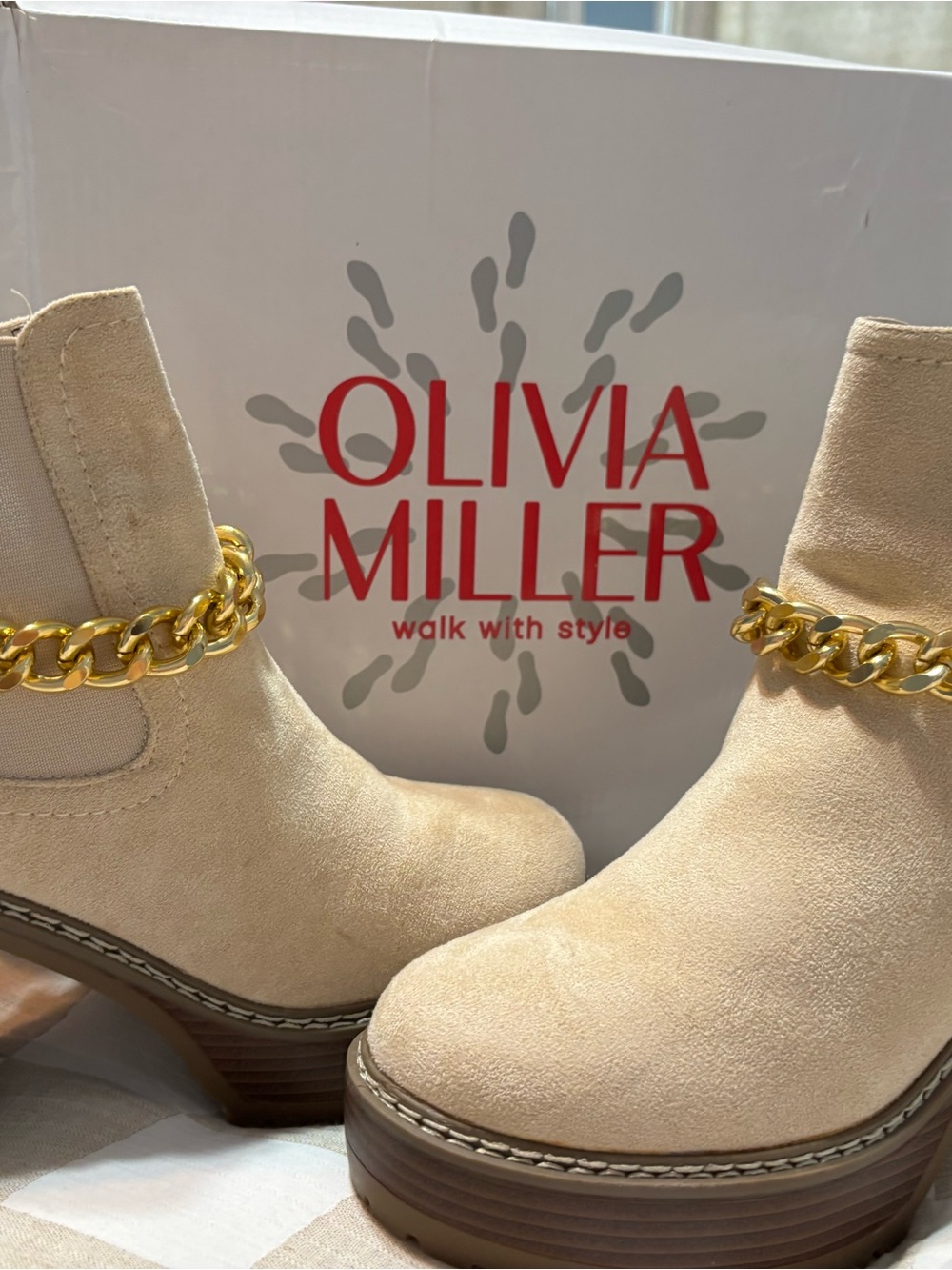 Olivia Miller Cream Suede Platform Ankle Boots with Gold Chain